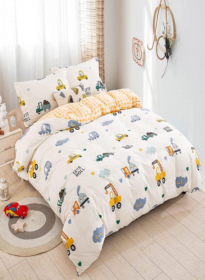 DJY Kids Duvet Cover Set Queen, Cotton Cartoon Car Truck Bedding Set for Boys Girls, 3 Pieces Soft Breathable White Yellow Plaid Reversible Comforter Cover Set (1 Duvet Cover+2 Pillowcases) - Image 2